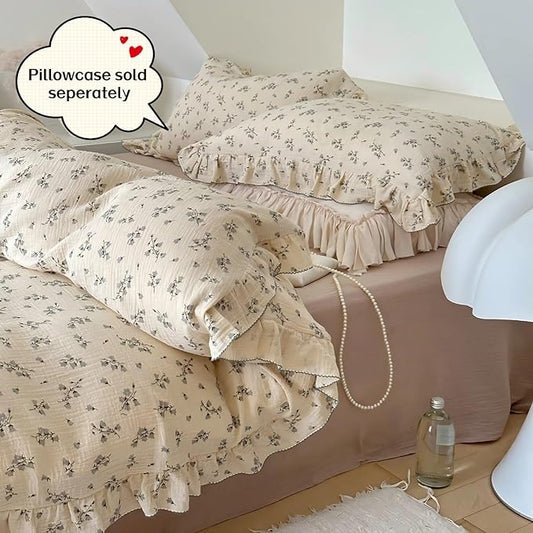 BuLuTu Chic Shabby Vintage Floral Duvet Cover Twin for Kids Girls Boys 100% Cotton Muslin Ruffled Quilt Cover Twin, 68"x86", Hyacinth Print, Soft Breathable, Zipper Closure, No Pillowcase
