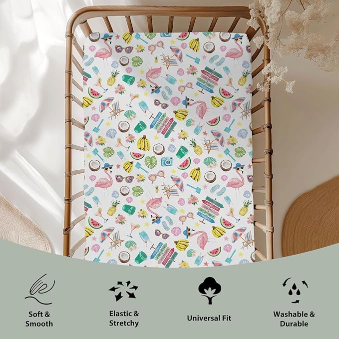 Surf Beach Summer Baby Crib Sheets for Boy Girl 28"x52" Flamingo Tropical Leaves Floral Fruits Soft Stretchy Fitted Crib Mattress Cover Beach Party Vacation Baby Sheet for Crib & Toddler Bed Mattress