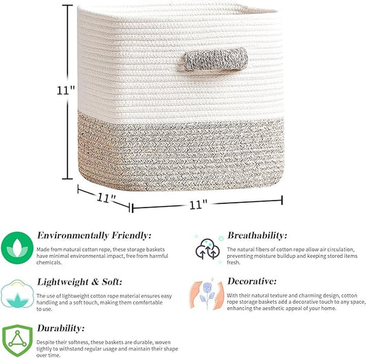 R RUNKA Storage Cube Baskets 3-Pack - 11 inch Square Baskets, Closet & Shelves Organizers - Woven & Drawer Storage - Ideal for Toys | White & Beige
