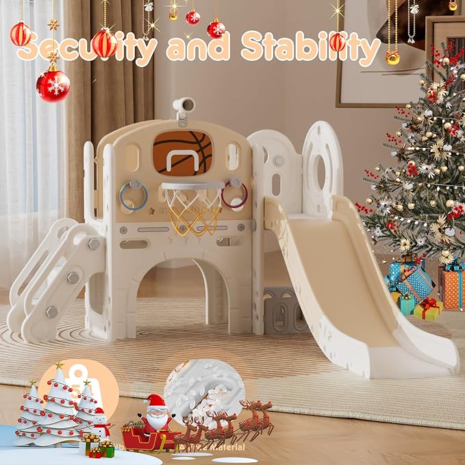 XJD 8 in 1 Toddler Slide Set, Kids Slide for Toddlers Age 1+, Toddler Climber Slide PlaySet with Basketball Hoop and Ball,Outdoor Indoor Playground for Toddlers 1-3 (Beige Coffee, 8 in 1)