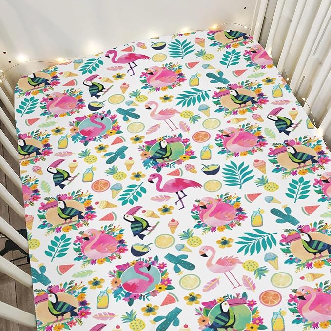 Pink Flamingo Toucan Tropical Fruits Baby Crib Sheets for Boy Girl 52"x28" Colorful Summer Birds Leaves Soft Snug Fitted Crib Mattress Cover Hawaiian Baby Sheet for Standard Crib & Toddler Mattress
