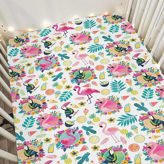 Pink Flamingo Toucan Tropical Fruits Baby Crib Sheets for Boy Girl 52"x28" Colorful Summer Birds Leaves Soft Snug Fitted Crib Mattress Cover Hawaiian Baby Sheet for Standard Crib & Toddler Mattress