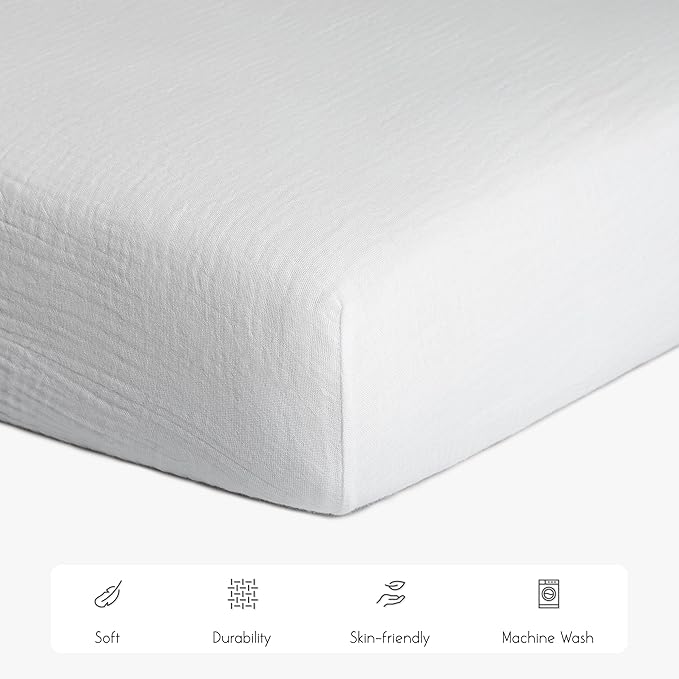Meracorallo Muslin Crib Sheet, 100% Cotton Fitted Crib Sheet 28x52 Soft and Breathable Baby Boys Girls Cover for Standard Crib and Toddler Mattresses, White