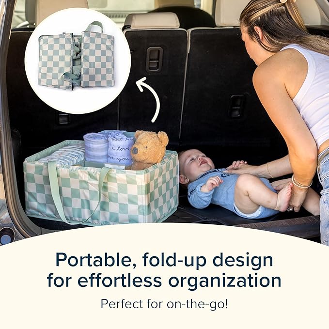 Tiny Twinkle Diaper Caddy Organizer | Foldable Baby Storage Basket with Removable Divider | Waterproof & Mess-Proof Fabric, Portable Nursery Organizer for Newborn Essentials (Blue Checkers)