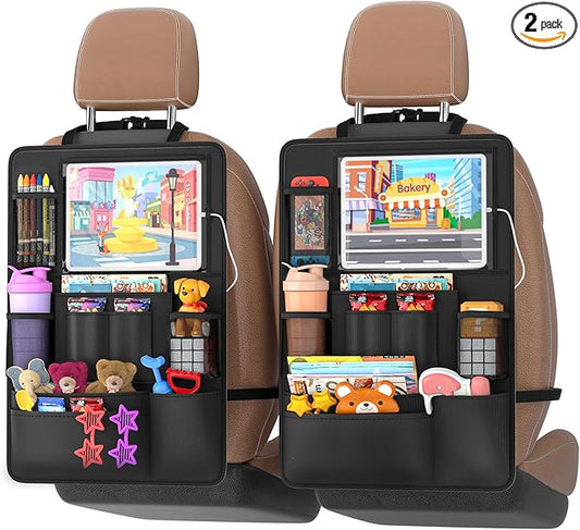 Oneyus Backseat car Organizer with Touch Screen,2PACK of car organizer Kick Mats Back Seat Protector with 10pcs Storage Pockets,Car Seat Back Organizers Storage for Kids road trip essentials