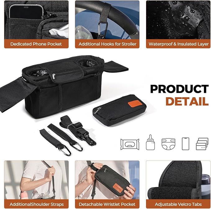 WUUTER Stroller Organizer with Cup Holder Detachable Wristlet Large Capacity Baby Stroller Bag for Mom, Fits Uppababy, Baby Jogger, Britax, BOB, More (Black)