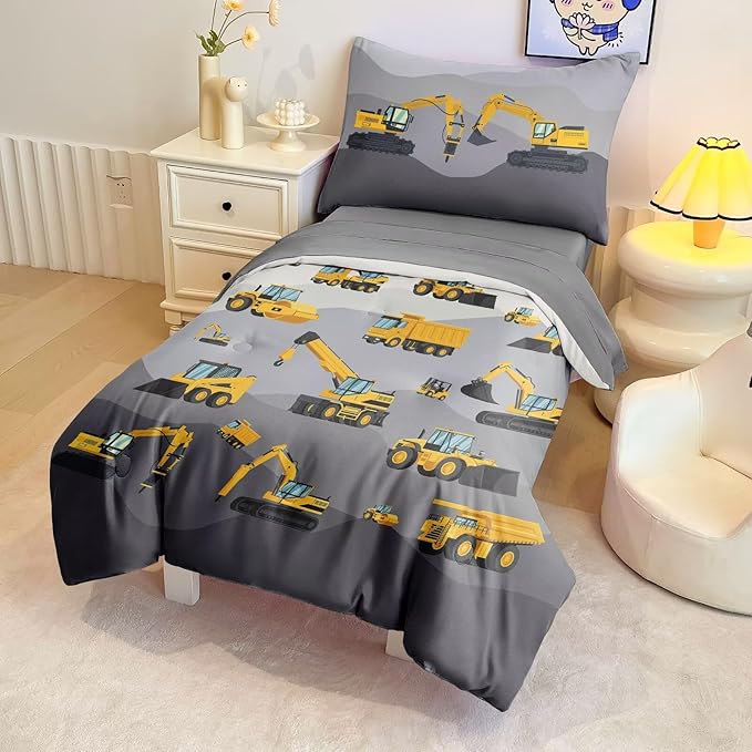4 Piece Toddler Bedding Set for Boys,Cars Construction Toddler Bed Comforter Set Includes Comforter,Flat Sheet,Fitted Sheet and Pillowcase,Christan Trucks Tractors Bed in A Bag for Kids Bedroom