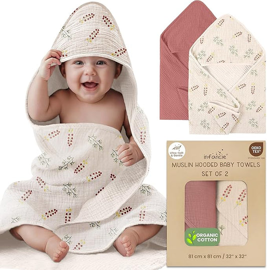 Organic Cotton Muslin Baby Hooded Towels - 32x32 Inch, 2 Pack Newborn Bath Towels for Boys & Girls, Soft & Absorbent Bath Set (Pink/Floral)