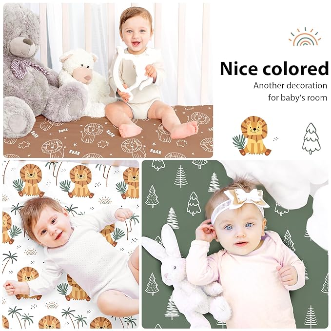 Baby Crib Sheets for Boys and Girls, 3 Pack Fitted Toddler Bed Sheets Neutral for 52”x28” Standard Crib and Toddler Mattresses, Super Soft Microfiber Brown Lion