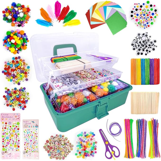 kortes Art and Craft Supplies for Boys and Girls, Toddler DIY Craft Art Supply Set Included Pipe Cleaners, Pom Poms, Feather, Folding Storage Box - All in One for Craft DIY Art Supplies(Green Box)