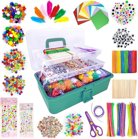 kortes Art and Craft Supplies for Boys and Girls, Toddler DIY Craft Art Supply Set Included Pipe Cleaners, Pom Poms, Feather, Folding Storage Box - All in One for Craft DIY Art Supplies(Green Box)