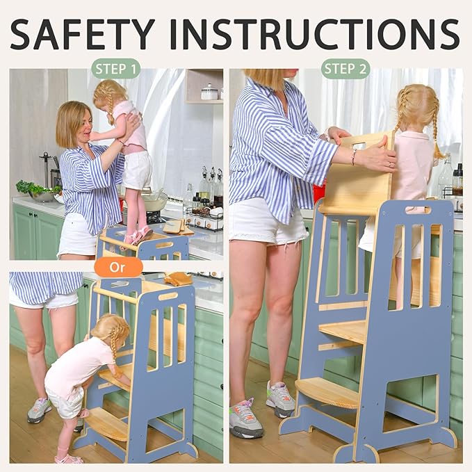 WINGYZ Toddler Tower – Adjustable Step Stool Helper for Kids 18M–6Y, Kitchen Learning Stool with Safety Rail, 3-Height Adjustable, Sliding Door, Full Support Foot, Wooden Updated Design, Light Blue