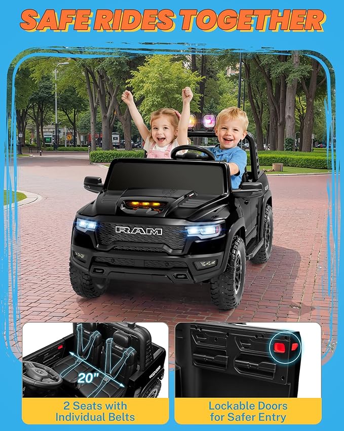 ENYOPRO 24V Ride on Toys for Big Kids, Licensed RAM 1500 RHO 2 Seater Toddlers Ride on Car w/Remote Control, Kids Electric Car w/Truck Bed Storage, Real Tailgate, Bluetooth, USB, LED Lights (Black)
