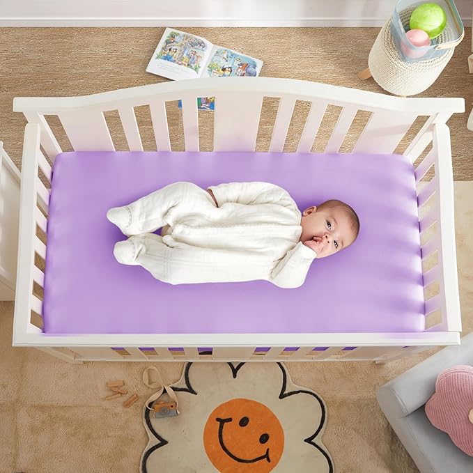 Horbaunal 2 Pack Satin Crib Sheets for Baby with Sensitive Hair, 52" x 28" x 8" Silky Fitted Crib Sheets, Soft Toddler Sheet Baby Mattress Sheet, Blush Pink & Violet