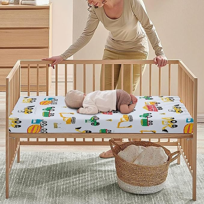 Construction Fitted Crib Sheet for Boys Girls Machinery Cement Truck Baby Sheet for Standard Crib and Toddler Excavator Dump Trucks Nursery Bed Mattress Sheets 28"x52"