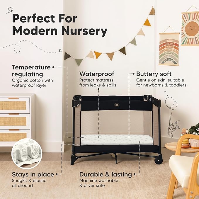 2 Pack and Play Sheets, Waterproof Mini Crib Sheets Fitted - 38x26 Organic Cotton Pack N Play Sheets for Graco Pack and Play Mattress, Playard Baby Crib Sheets, Neutral for Boy, Girl, Toddler (Herb)