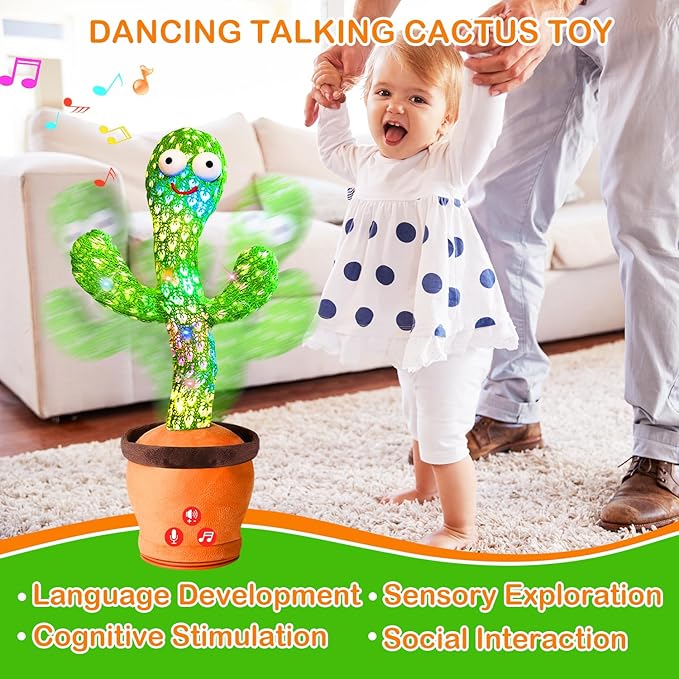 Rechargeable Dancing Talking Cactus Toy Mimics Back, Singing Mimicking Cactus Baby Toy That Talks Back, Educational Baby Toys 18 months+ w/ English Songs, Learning Toys for Baby Girl Boy Gifts