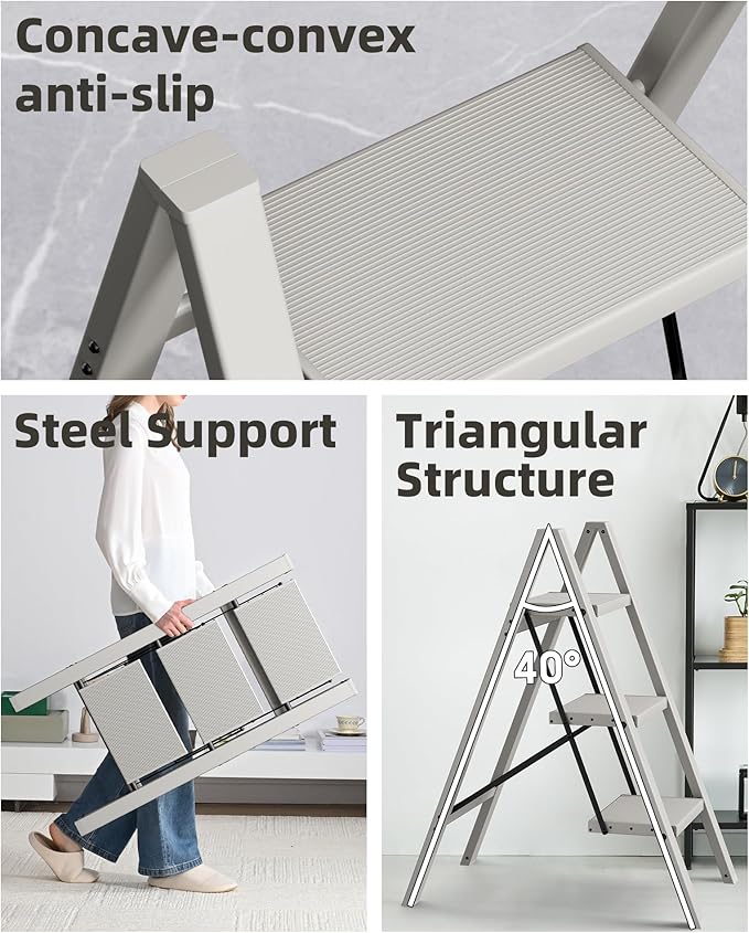 HillhutApex 3 Step Stool, Aluminum Foldable Step Ladder, Lightweight Stable Stool with Wide Non-Slip Pedals, 330lbs Bearing Capacity Ladder for Office,Home,Kitchen - Grey