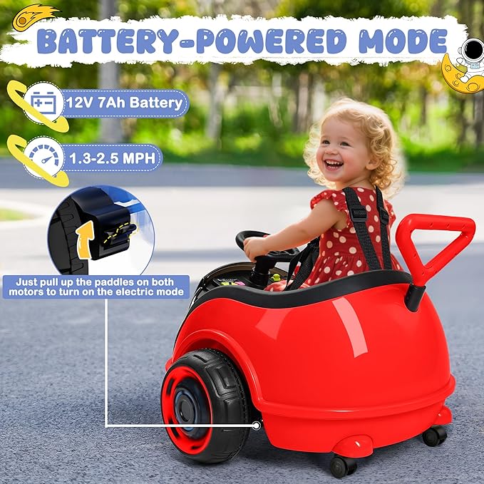 ANPABO 3-in-1 Electric Push Ride On Car, 12V Kids Ride On Toy w/Remote Control, 360° Spin, LED Display, 5-Point Safety Belt, Colorful LED Light, Music Player, Push Car for Toddler Ages 1-3 (Red)