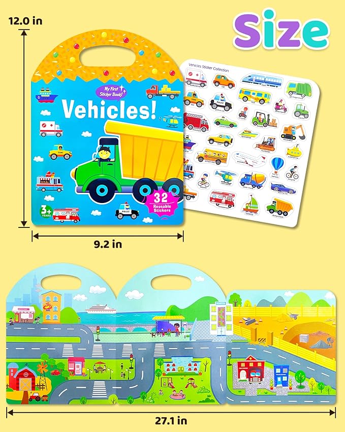 Benresive Reusable Sticker Books for Toddlers, Fun Travel Stickers for Kids, Toddler Sticker Book, Crafts Activities for Toddlers, 3 and Up Birthady Gifts - Transport