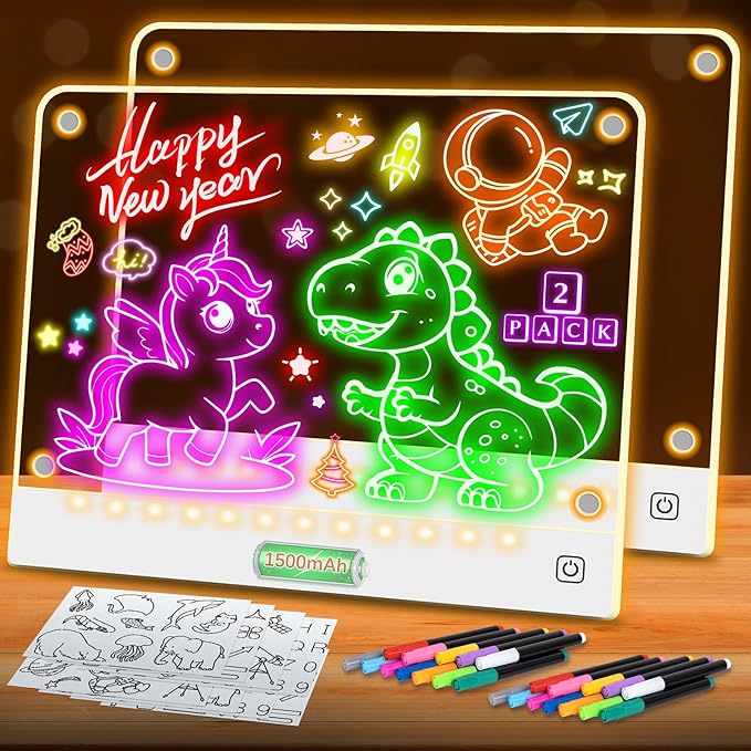 2 Pack Rechargeable LED Drawing Board for Kids with Tracing Pages, Lumi Board Magnetic Light Up Acrylic Dry Erase Board, LED Note Board, Valentines Day Gifts Toy for Kids/Girls