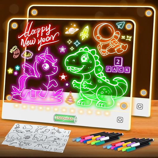 2 Pack Rechargeable LED Drawing Board for Kids with Tracing Pages, Lumi Board Magnetic Light Up Acrylic Dry Erase Board, LED Note Board, Valentines Day Gifts Toy for Kids/Girls