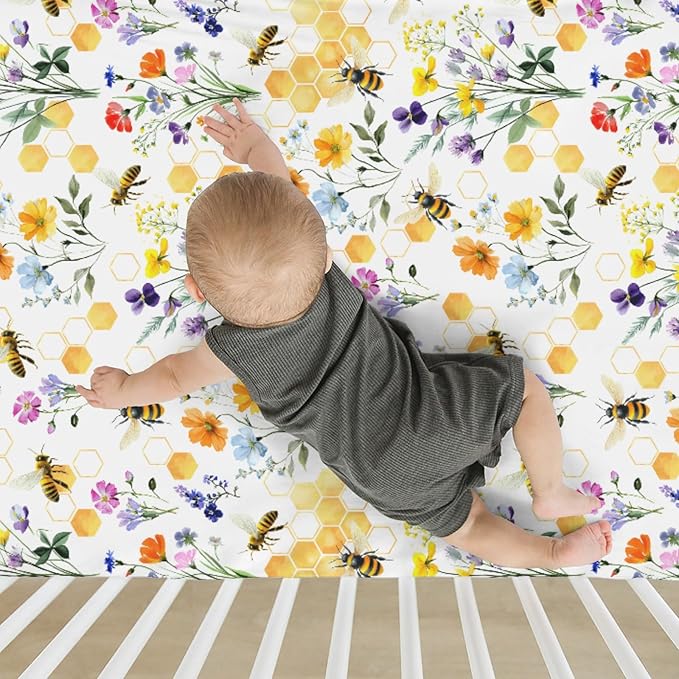 Boho Wildflower Bees Honeycomb Baby Crib Sheets for Boy Girl 52x28Inch Watercolor Honeybee Floral Soft Snug Fitted Crib Mattress Cover Summer Baby Sheet for Standard Crib and Toddler Bed Mattress