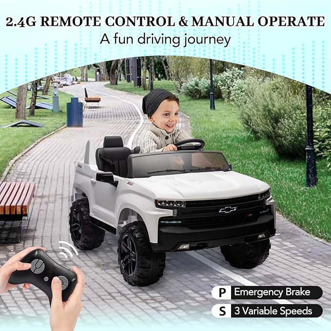 GarveeLife 24V 2-Seater Truck Licensed Chevrolet Silverado Ride On Car Kids Toy, Electric Vehicle Car for Toddlers with Parent Remote Control, White