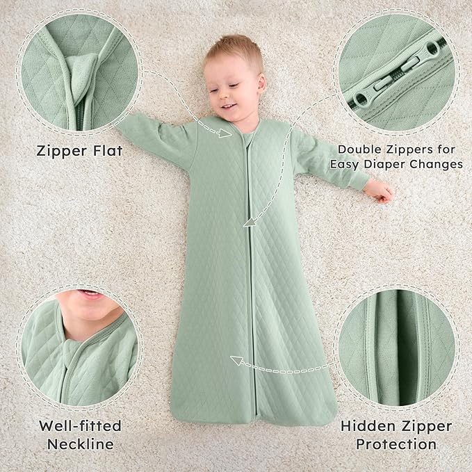 Yoofoss Baby Sleep Sack 6-12 Months 1.0 Tog Long Sleeve Sleep Sack Organic Cotton Wearable Blanket for Infants 2-Way Zipper Quilted Sleeping Sacks(Medium)