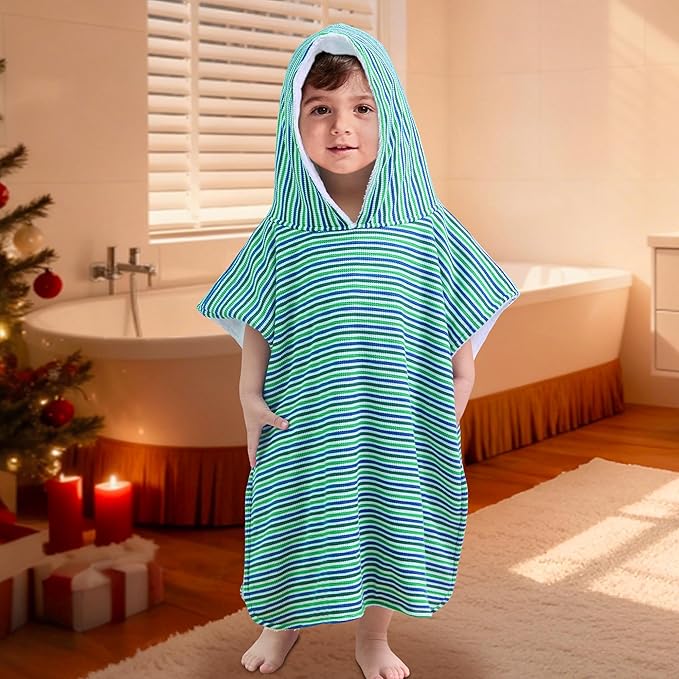 VOOVA & MOVAS Double-Layered Baby Hooded Towel Poncho (2-4 Years, 20x21 Inches) | Ultra Soft & Absorbent Cotton | Thick Toddler Bath Towel for Swimming, Beach, Shower & Winter, Green Stripe