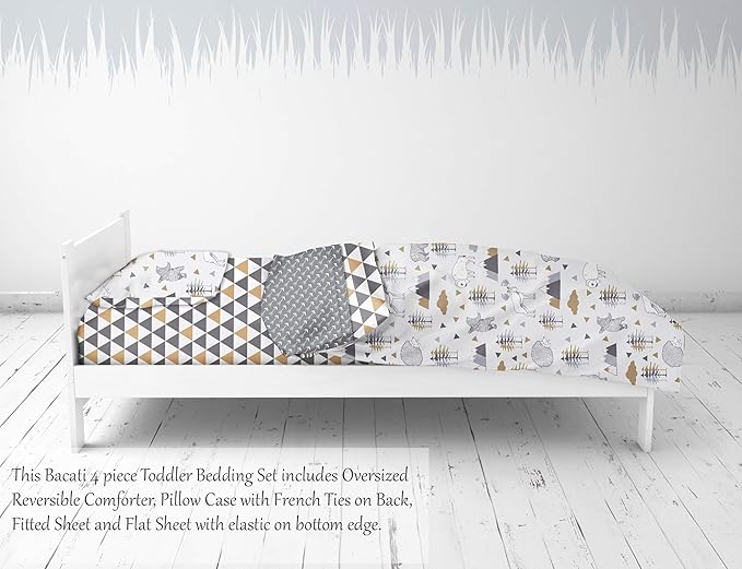 Bacati Woodlands Grey/Beige Neutral Cotton 4 Pc Toddler Bedding Set, Beige/Grey