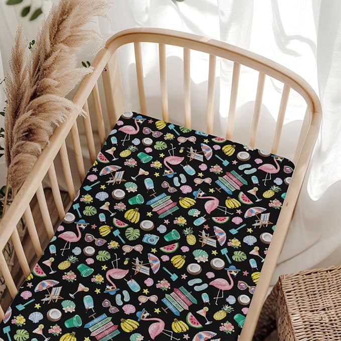 Surf Beach Summer Baby Crib Sheets for Boy Girl 28"x52" Flamingo Tropical Leaves Floral Fruits Soft Stretchy Fitted Crib Mattress Cover Beach Party Vacation Baby Sheet for Crib & Toddler Bed Mattress