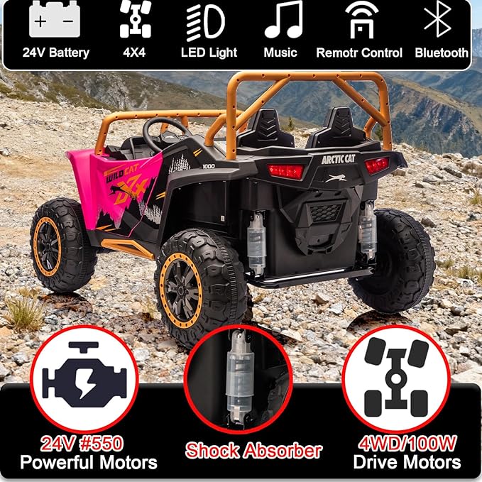 24V 4WD Kids Electric Car XXXL, 2-Seater Licensed Arctic Cat Kids Ride on UTV with Parent Remote Control, Bluetooth Music, LED Lights for Boys & Girls
