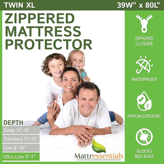 Zippered Twin XL Mattress Protector (5"-7" Depth) - Bed Bug Waterproof Mattress Cover, Premium Quality Hypoallergenic Encasement White