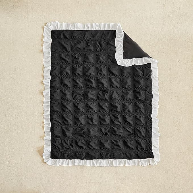 Ruffled Crib Bedding Set Baby Boho Quilted Comforter with Fitted Sheet and Bed Skirt - Cute Soft Breathable Seersucker Ruffled Shabby Chic Bedding Soft Blanket Design - Black