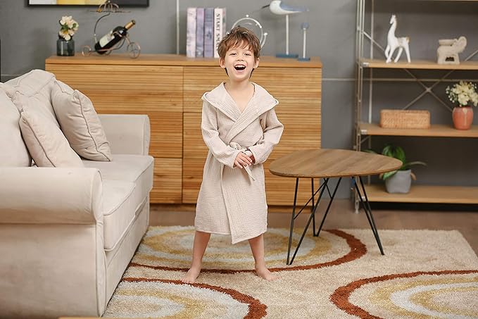 Organic Cotton Toddler Bathrobe, Soft and Breathable Baby Robe for Kid, Boy& Girl Hooded Robe Muslin