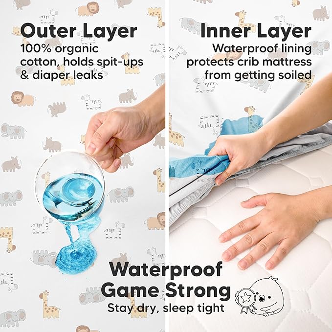 2-Pack Waterproof Crib Sheets for Girl, Boy - Organic Cotton 52X28 Fitted Crib Sheets Neutral, Crib Mattress Protector Sheets, Soft Toddler Bed Sheets,Washable Infant Fitted Baby Crib Sheets (Foxtrot)
