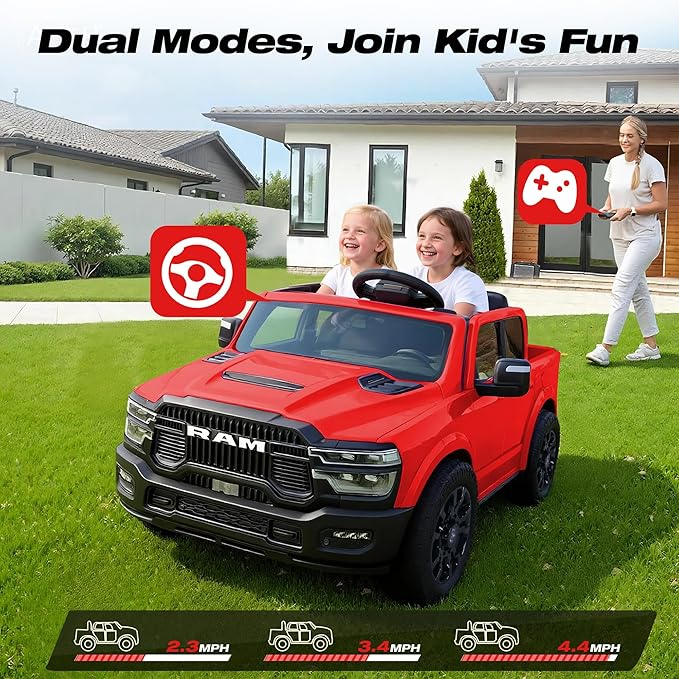 FUNTOK 24V 2 Seater Ride On Truck for Big Kids, Licensed RAM 2500 Kid's Electric Vehicles w/Remote Control, LED Light/Music/MP3/Bluetooth, Truck Bed Storage, Carry Wheels & Handle, Car for Kids 3-8