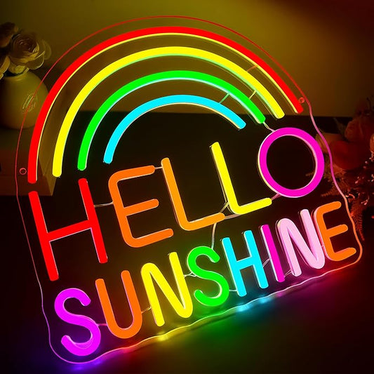 Hello Sunshine Neon Sign for Wall Decor Dimmable Colorful Rainbow LED Neon Lights for Classroom Bedroom Decor Affirmation Positive Wall Art for Party Office Living Room Gifts Size 13.8*12.8in(GLNP300)
