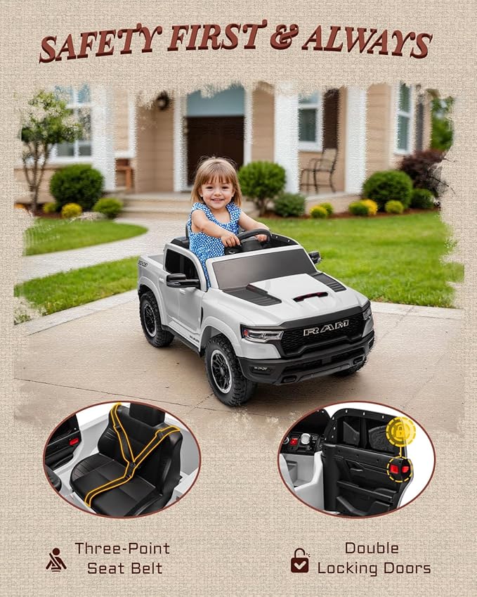 First Ride On Licensed Ram 1500 RHO 12V Kids Ride on Truck, Toddler Ride on Toys with Remote Control, Children Electric Vehicles with Truck Bed Storage, Smooth Start, Music, Bluetooth (White)
