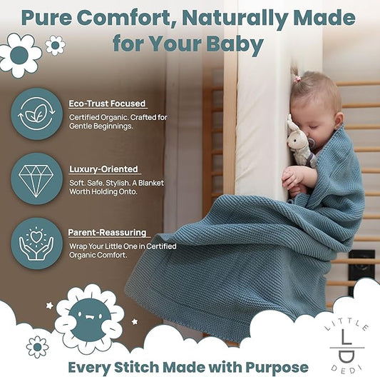 100% Organic Cotton Baby Knitted Blanket with Gift Box - Soft Toddler, Crib, Stroller Blanket - Neutral Swaddle and Receiving Blanket for Newborns, 30"x40", Smoke Blue