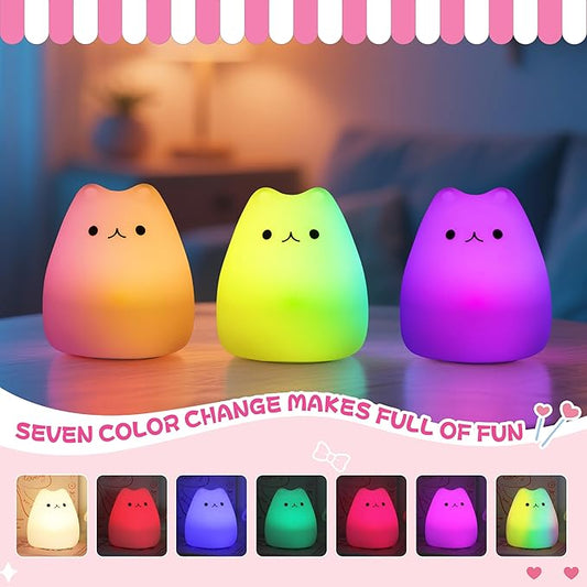 loatme Night Light for Kids, Rechargeable Dimmable Silicone LED Nightlight with 7 Colors, Baby Nursery Night Lamp, Touch Squishy Lamp, Cute Gifts for Girls, Boys, Toddler Room Decor, Cat