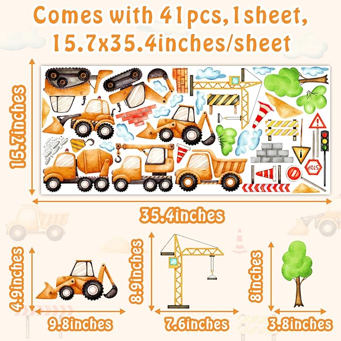 Car Truck Wall Decals Construction Vehicle Wall Stickers Cartoon Watercolor Car Tractor Stickers Peel and Stick Transportation Wall Decals for Kids Room Boys Bedroom Playroom Nursery Decor