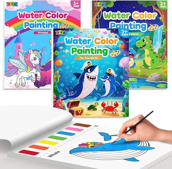 ZIZZ Paint with Water Coloring Books for Toddlers, 3 Pack Watercolor Painting Set for Kids Ages 3-5 4-8, No-Mess Drawing Activity Kit Art Craft Toy Birthday Gifts for Girl Boy | Princess, Forest & Sea