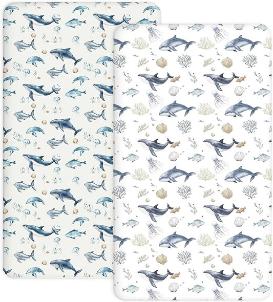 Crib Sheets for Boys and Girls, 2 Pack Fitted Baby Sheets for Standard Toddler Mattress 28" x 52", Soft Breathable Jersey Knit Baby Bedding (Aquatic Adventures)