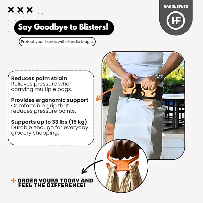Handle Magic - (2 Units) Bag Carriers | Ergonomic Grip and Bag Holder | Pocket Size | Lightweight & Comfortable for Shopping & Travel - Made in USA (Blazing Orange)
