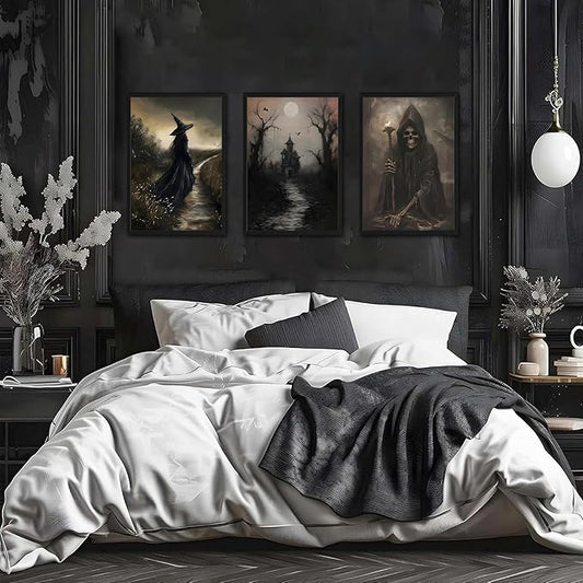 Framed Dark Academia Wall Art Set of 3, Vintage Gothic Skull Witch Wall Decor Paintings, Rustic Moody Spooky Haunted House Prints Pictures for Halloween Living Room 12x16 Inch