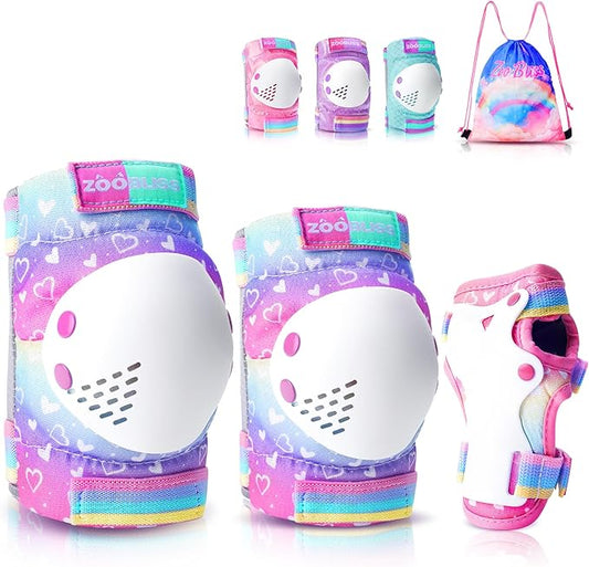 Knee Pads for Kids - ZOOBLISS Toddler Knee and Elbow Pads Set Wrist Guards for Skating Girls Aged 3-12, Kids Protective Gear for Roller Skates Skateboard Bike Scooter, Included Drawstring Bag(Rainbow)