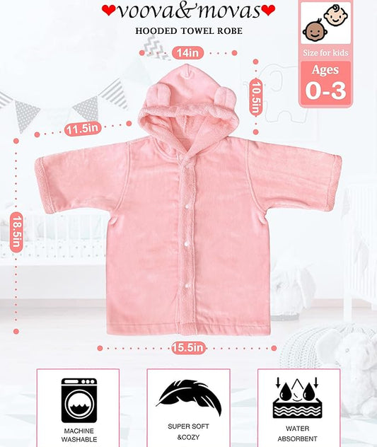 VOOVA & MOVAS Baby Hooded Towel with Bear Ear,0-3Years | 100% Cotton, Ultra-Soft & Absorbent | Gentle for Sensitive Skin, Bath, Pool & Beach Robe | Newborn (Pink)