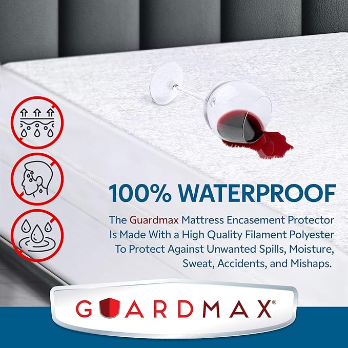 Guardmax Terry Cotton Zippered Mattress Encasement - Queen Size - 100% Waterproof and Bed Bug Proof Mattress Protector - Absorbent Six-Sided Mattress Cover (Terry Cotton, Queen)